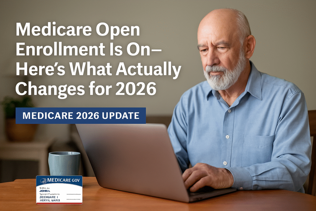 Medicare Open Enrollment Is On—Here’s What Actually Changes for 2026 3 Older man using a laptop with a Medicare card beside him. He is researching 2026 Medicare changes during open enrollment