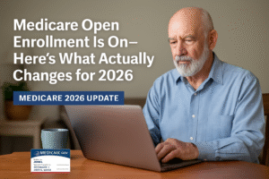 Delaware Senior Communities 15 Older man using a laptop with a Medicare card beside him. He is researching 2026 Medicare changes during open enrollment