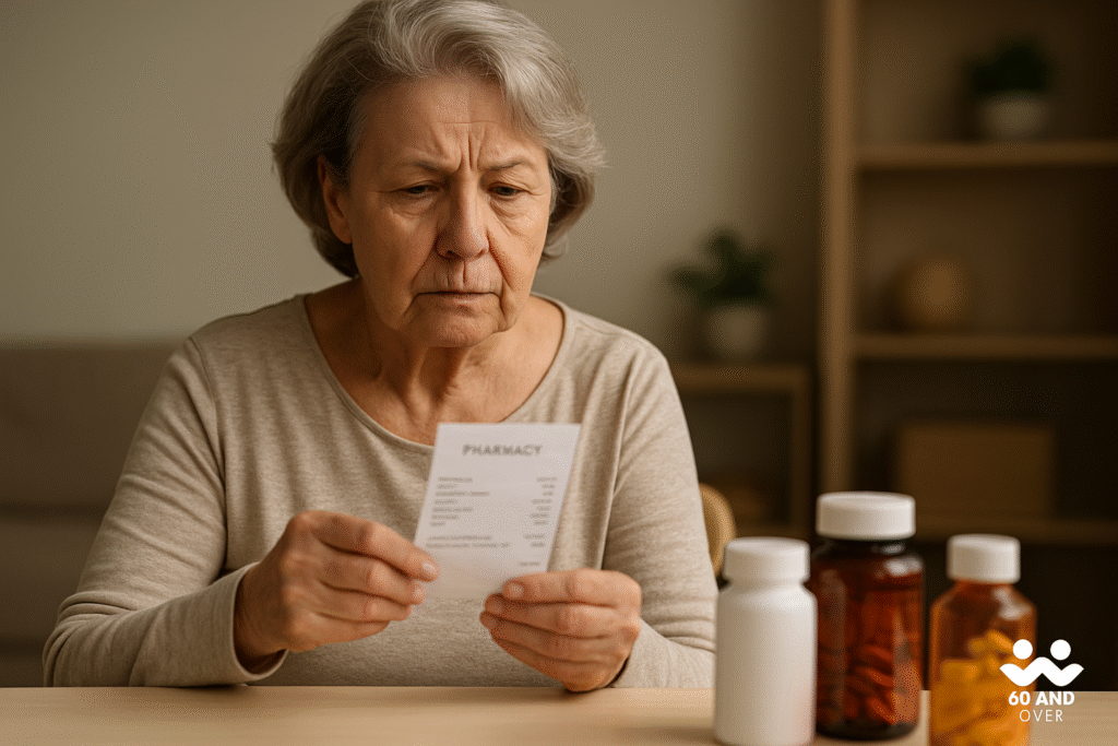 Senior woman reviewing a pharmacy receipt beside prescription bottles, symbolizing Medicare drug costs.