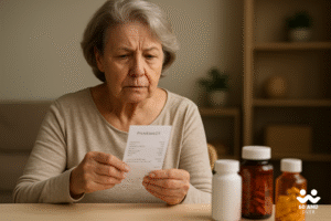 Senior woman reviewing a pharmacy receipt beside prescription bottles, symbolizing Medicare drug costs.