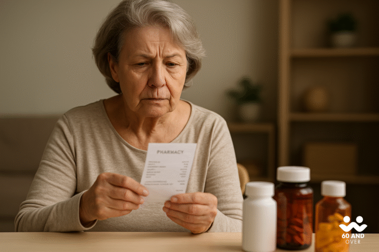 Blog List 16 Senior woman reviewing a pharmacy receipt beside prescription bottles, symbolizing Medicare drug costs.