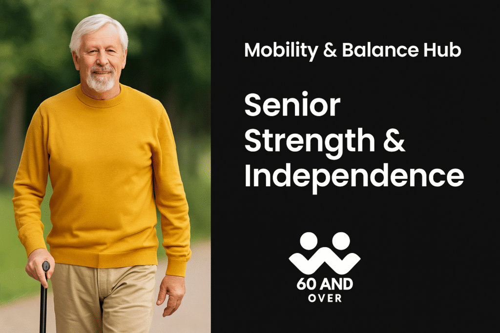 Older man walking confidently with a cane on a sunny day, representing senior mobility, balance, and independence.