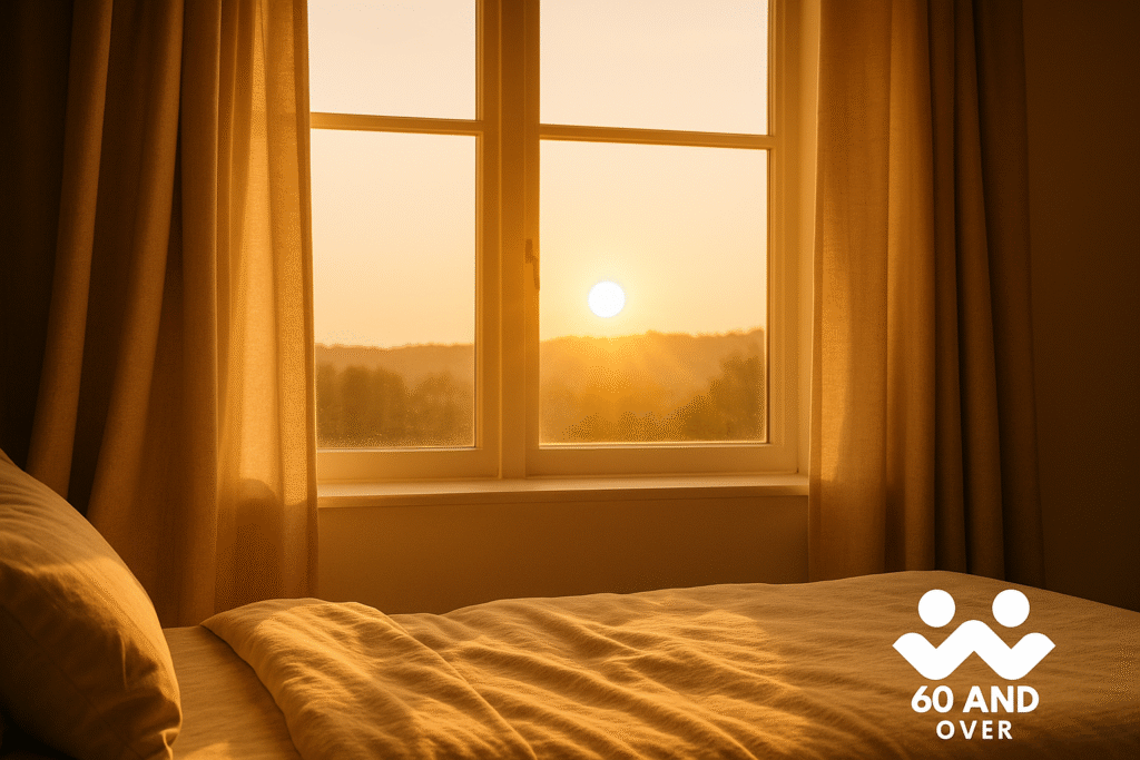 Warm morning sunlight streaming through a cozy bedroom window, symbolizing natural ways for seniors to reset their body clock and improve sleep.