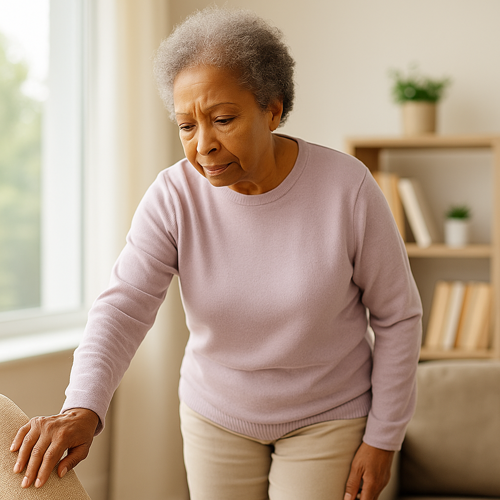 Older adult and caregiver reviewing notes together in a well-lit living room — symbolizing early detection of mobility or health changes.