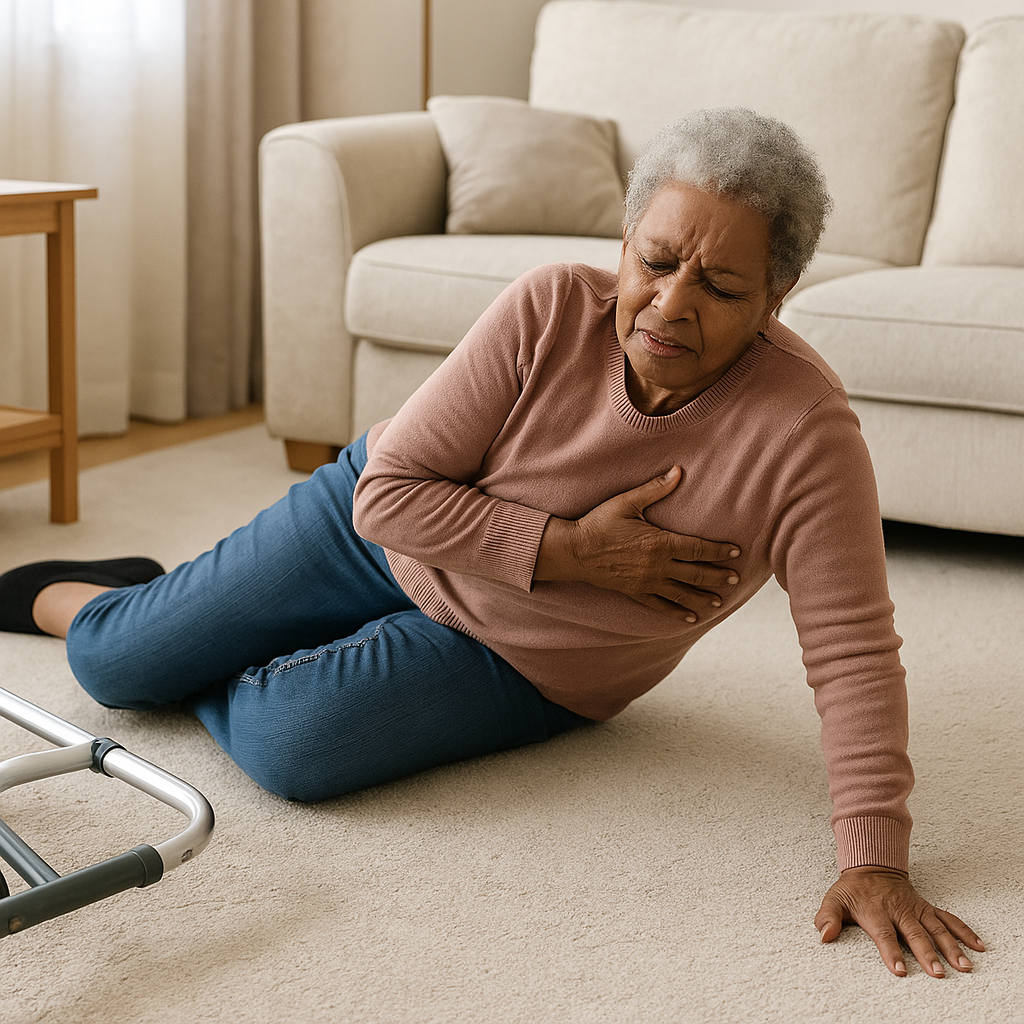 Senior woman lying on a carpeted floor after a fall, holding her chest and appearing distressed near a walker.