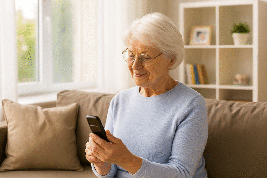 Safety & Independence: How Hearing and Vision Protect Daily Life 6 Elderly woman sitting in a warm, well-lit home, looking at her phone with confidence.