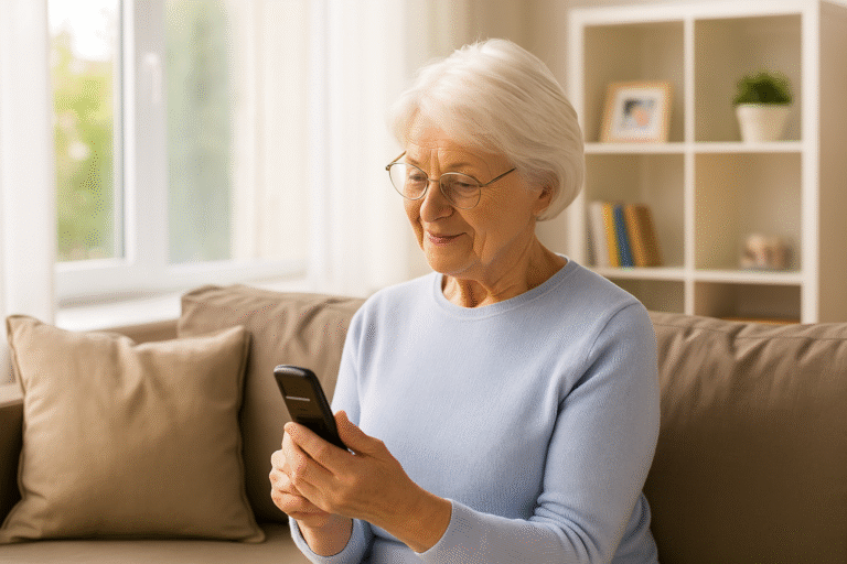 Blog List 6 Elderly woman sitting in a warm, well-lit home, looking at her phone with confidence.