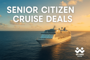 Cruise ship sailing calmly at sunset with tropical coastline in the background — feature image for Senior Citizen Cruise Deals article on 60AndOver.net.