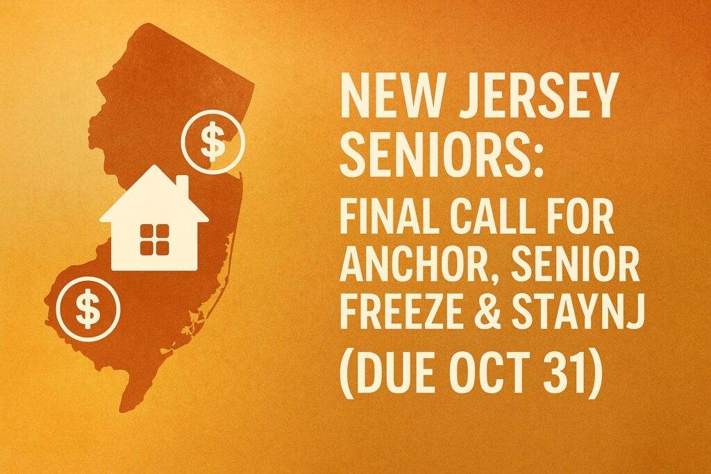New Jersey Seniors: Final Call for ANCHOR, Senior Freeze & StayNJ (Due Oct 31) 5 Map of New Jersey with house and dollar icons in autumn colors representing property-tax relief programs for seniors due October 31