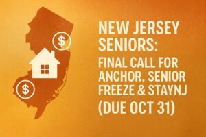 Legal Rights for Seniors: Protecting Yourself and Your Assets 5 Map of New Jersey with house and dollar icons in autumn colors representing property-tax relief programs for seniors due October 31