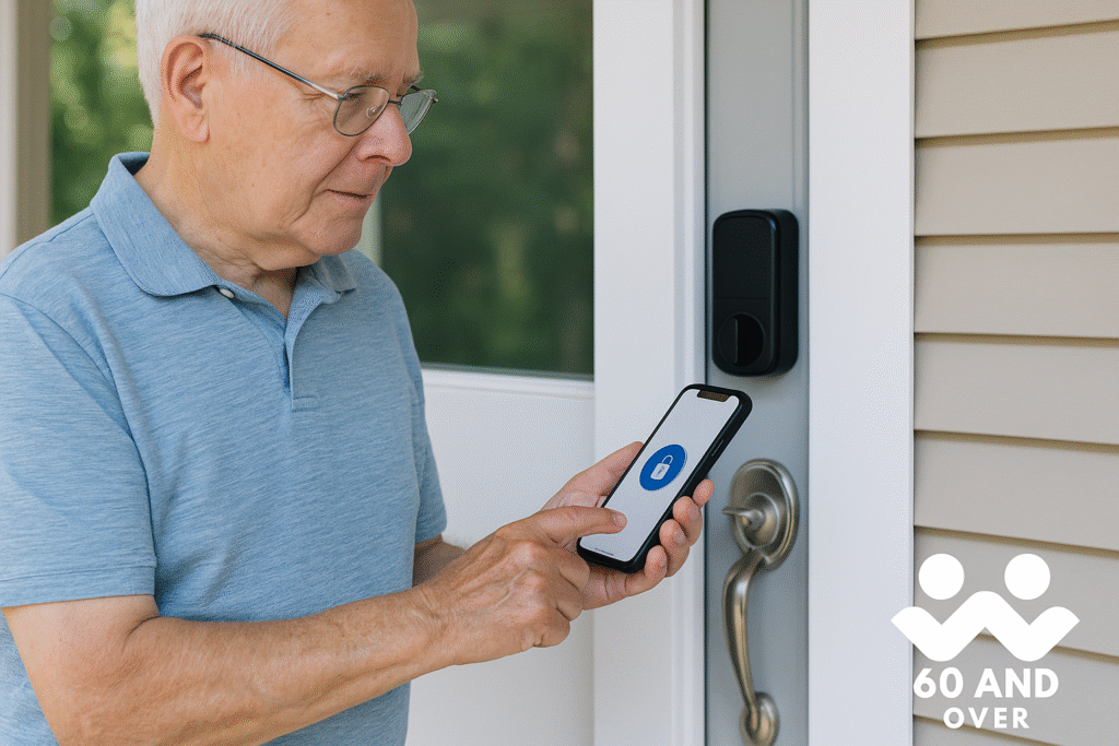 Senior woman unlocking her front door using a smartphone with a smart lock.