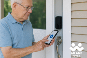 How to Avoid Unhealthy Ingredients During Cooking for Seniors 9 Senior woman unlocking her front door using a smartphone with a smart lock.