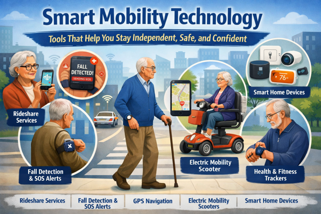 Smart mobility technology helping older adults stay independent and safe using GPS navigation, fall detection devices, electric mobility scooters, and health trackers.