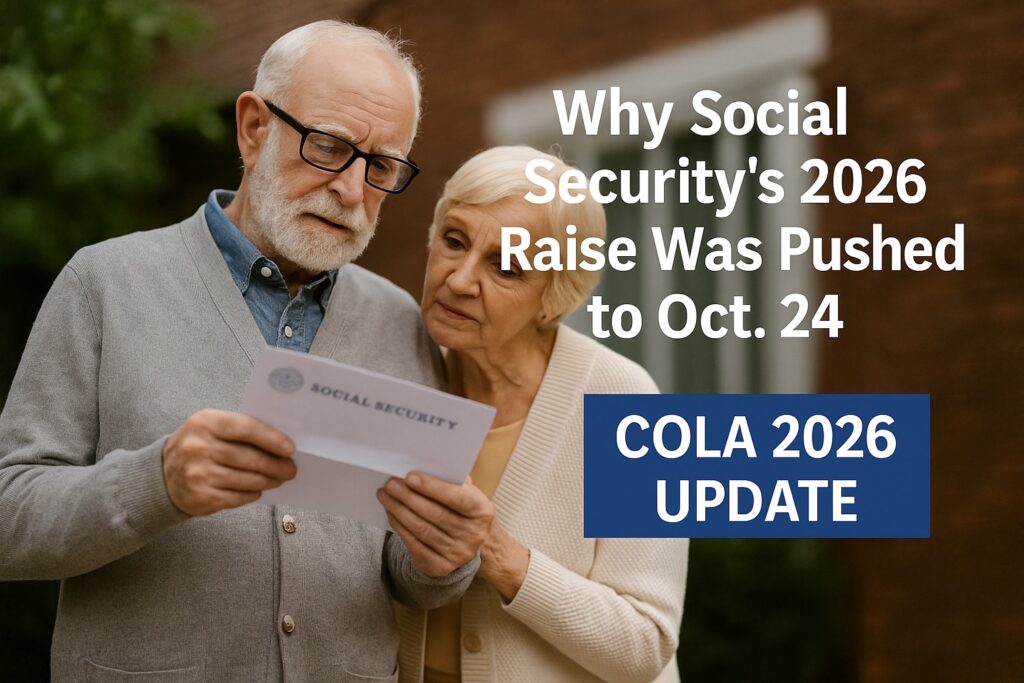 Why Social Security’s 2026 Raise Was Pushed to Oct. 24 2 Elderly couple reading a Social Security letter outside their home, representing the 2026 COLA update delay