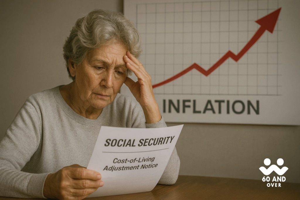 Social Security’s 2026 Raise: Why It May Not Be Enough to Beat Inflation 2 Senior woman reviewing Social Security benefits notice with inflation chart in background.