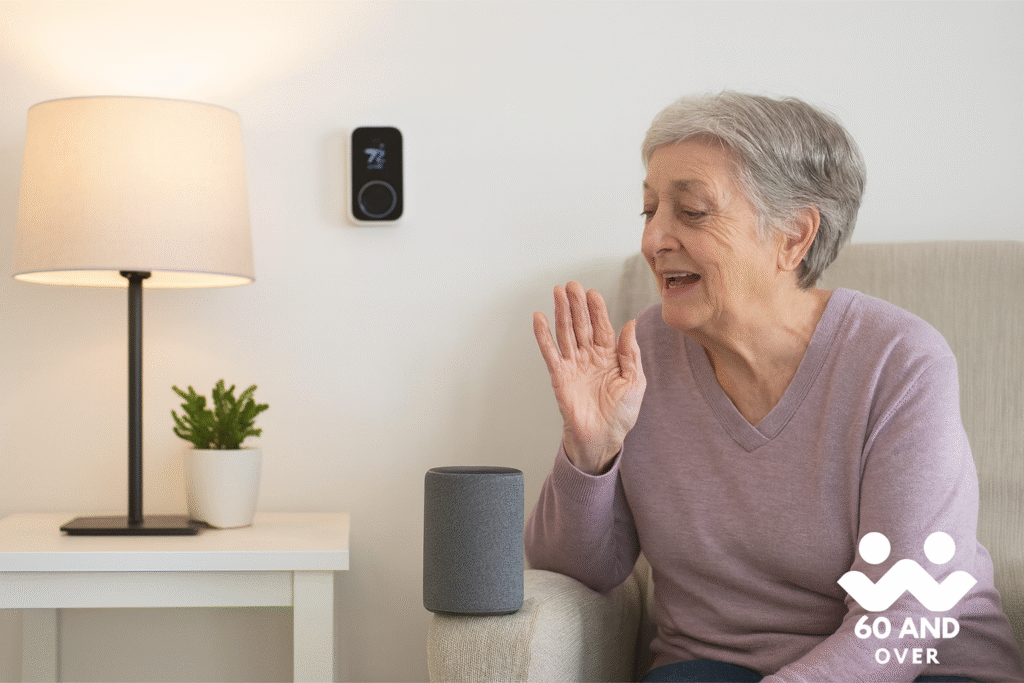 Senior man using voice commands to adjust smart thermostat in living room.