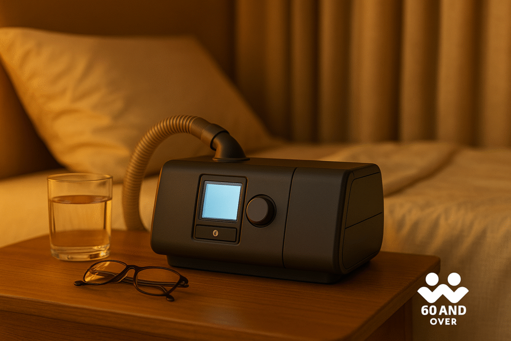 Best CPAP Machines for Seniors: Gentle, Quiet & Easy-to-Use Options Now. 6 Modern CPAP machine on nightstand beside bed, showing quiet design ideal for older adults.