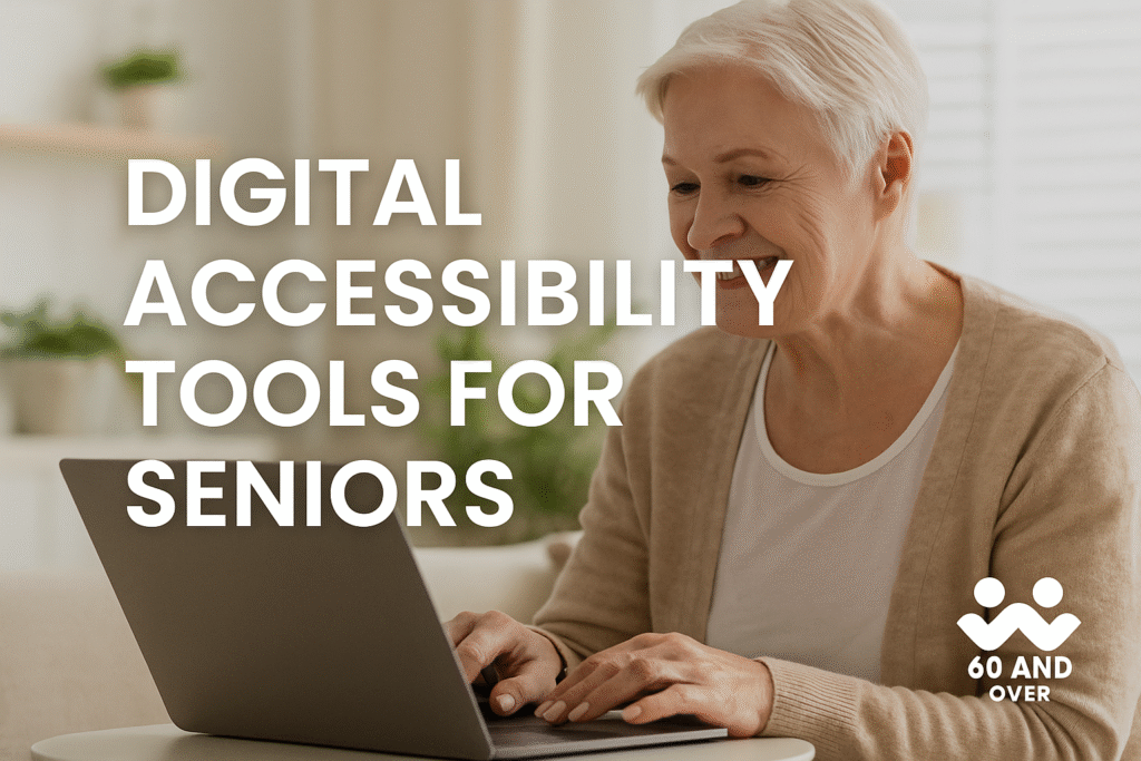 Digital Accessibility Tools for Seniors: Making Technology Easy for Every Age 1 Senior woman using a tablet with large, clear text on the screen, representing accessible technology tools designed to help older adults stay connected and independent online.