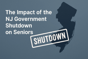 Essential Life Hacks for Seniors: Making Everyday Living Easier 9 Feature image showing New Jersey map silhouette and shutdown stamp with text. "The impact of the NJ Government Shutdown on seniors