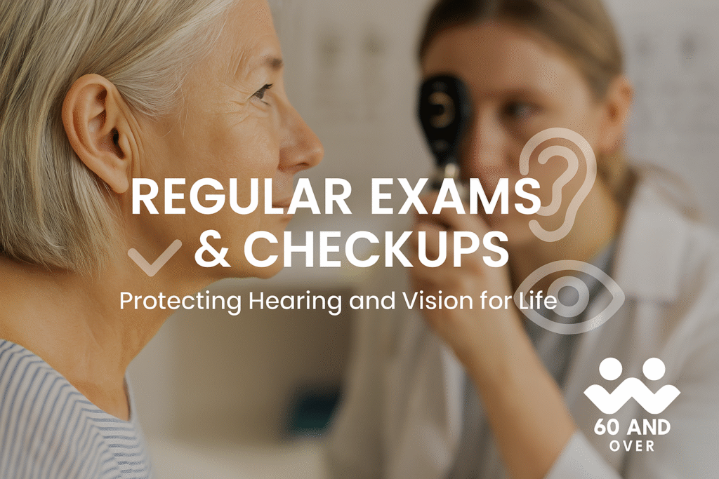 Elderly woman with glasses smiling during a routine hearing and eye exam, symbolizing proactive senior health care.