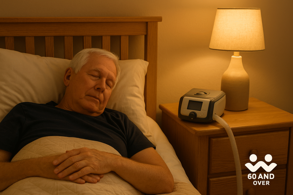 Sleep Apnea in Seniors: Causes, Symptoms, and Treatment Options for Better Rest 9 Older adult sleeping peacefully in bed beside a CPAP machine, representing safe sleep apnea treatment for people over 70