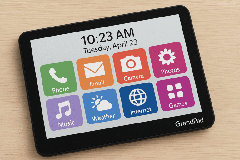 Blog List 11 Senior-friendly tablet displaying large colorful icons on screen, symbolizing ease of use for older adults.