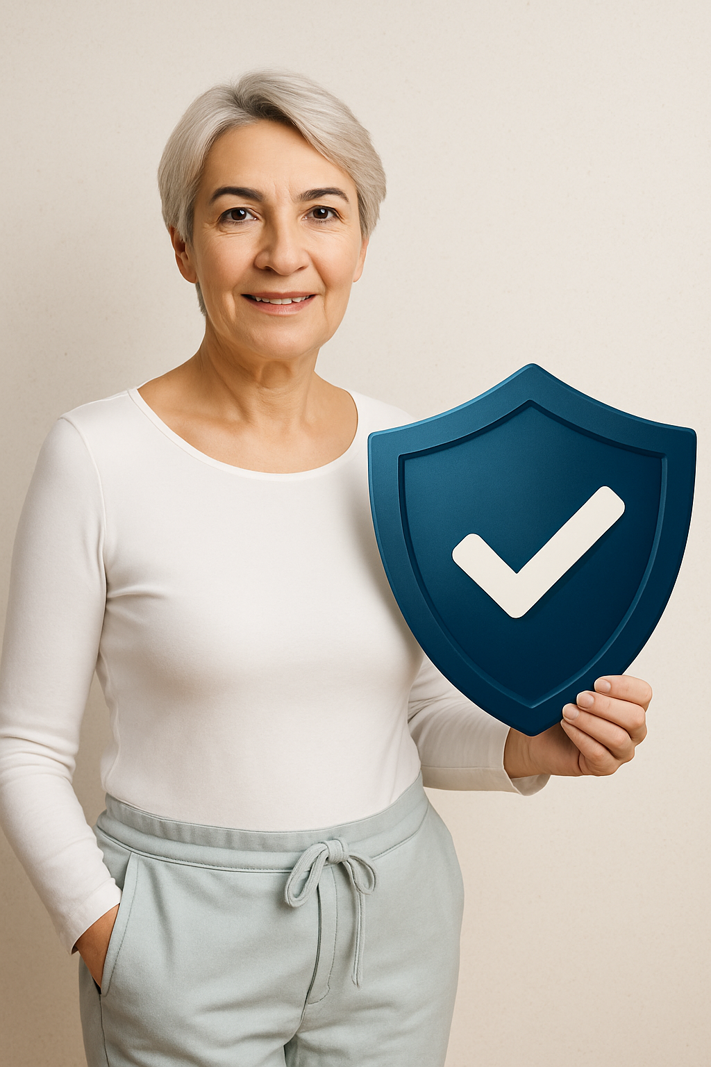Smiling senior woman holding a blue shield symbol representing insurance protection