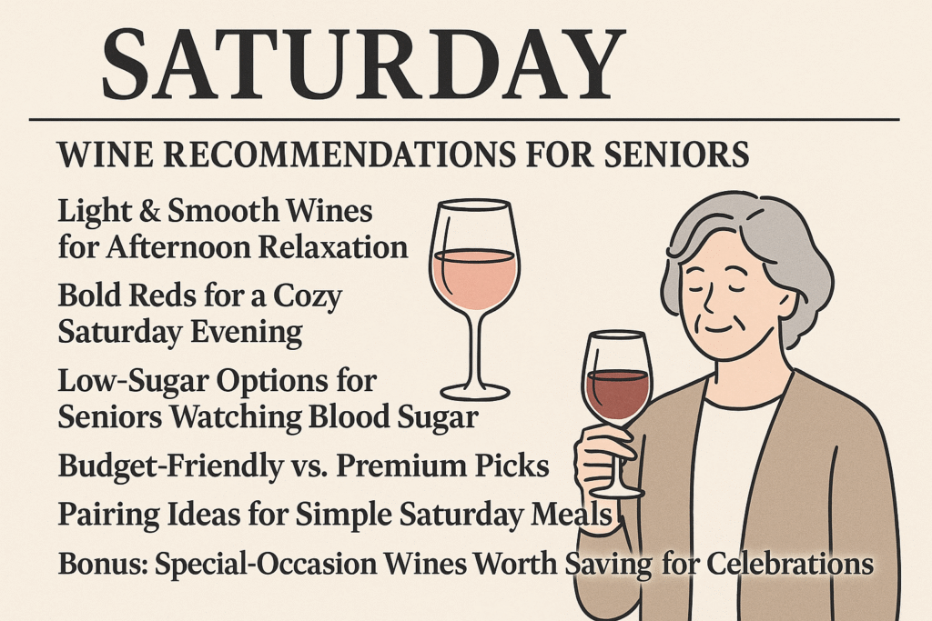 Saturday Times: Senior-Friendly Wine Recommendations for a Relaxed Weekend 2 Illustrated senior woman holding a glass of wine alongside Saturday wine recommendation headlines for seniors.