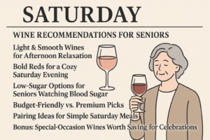 How to Stay Motivated and Set Goals After Retirement 8 Illustrated senior woman holding a glass of wine alongside Saturday wine recommendation headlines for seniors.