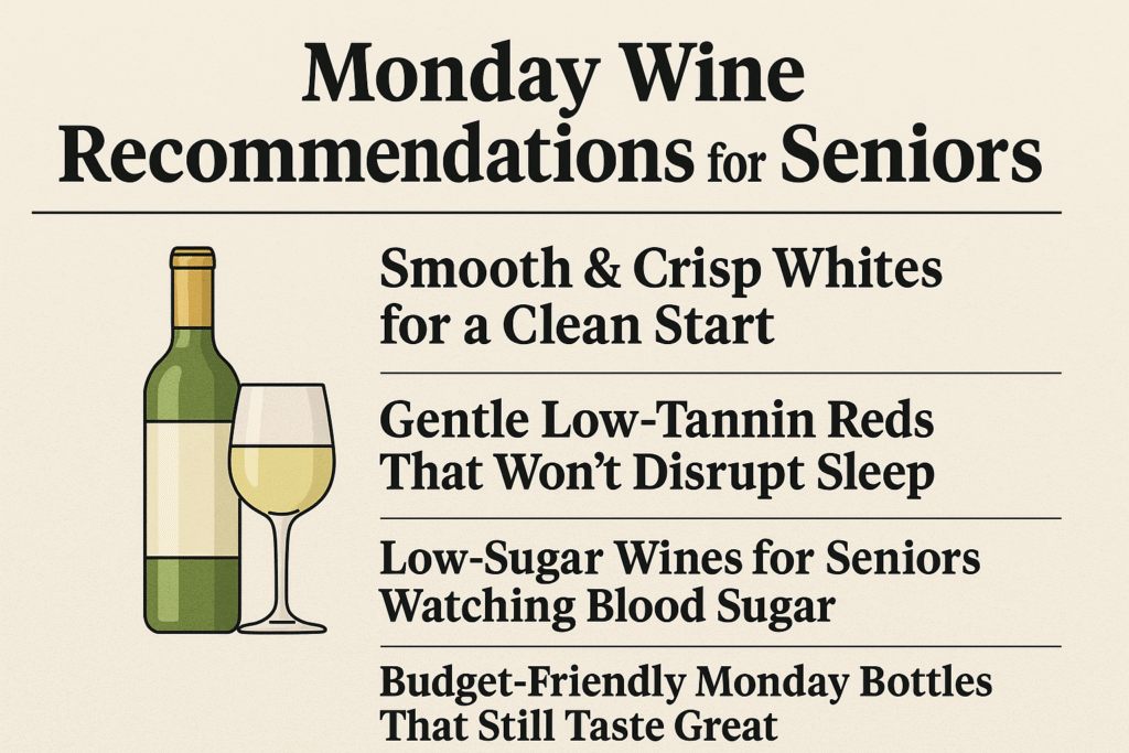 Monday Wine Recommendations for Seniors 2 Illustrated Monday wine recommendations for seniors showing a white wine bottle, a wine glass, and headline-style text in a newspaper layout.