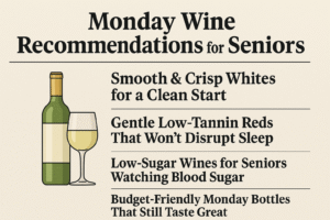 Illustrated Monday wine recommendations for seniors showing a white wine bottle, a wine glass, and headline-style text in a newspaper layout.