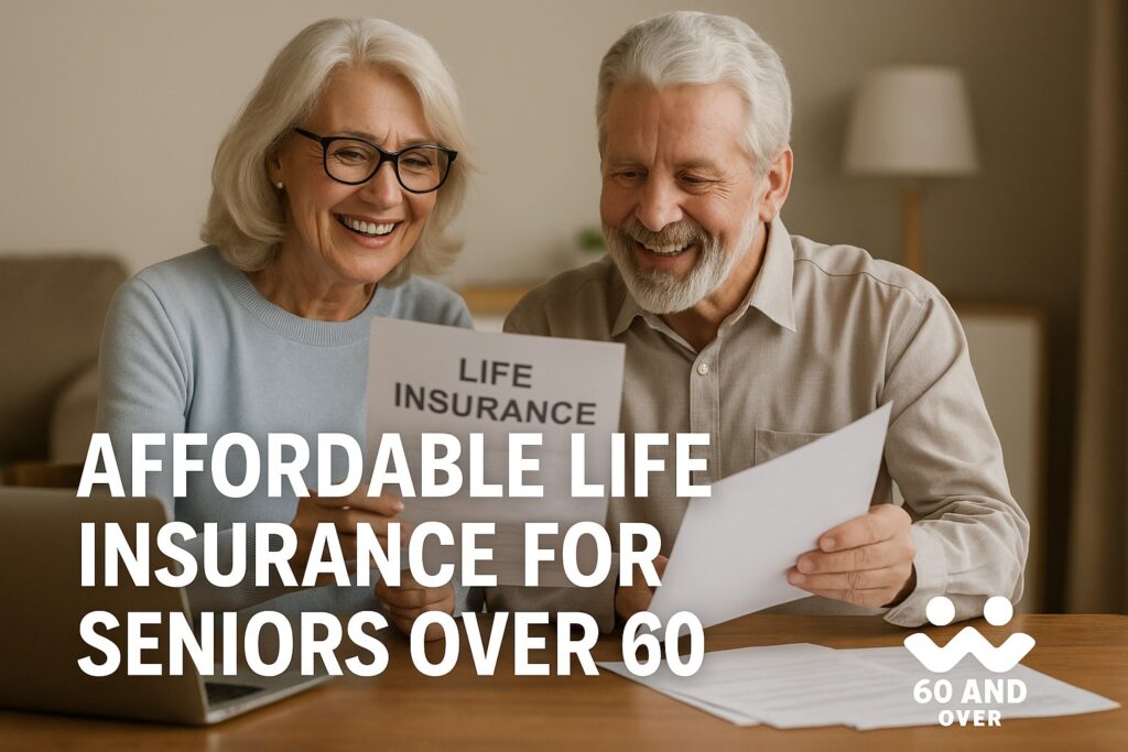 Affordable Life Insurance for Seniors Over 60: What You Really Need to Know 2 Happy senior couple reviewing life insurance papers together at a table, smiling while reading documents, with “Affordable Life Insurance for Seniors Over 60” text and the 60AndOver.net logo.