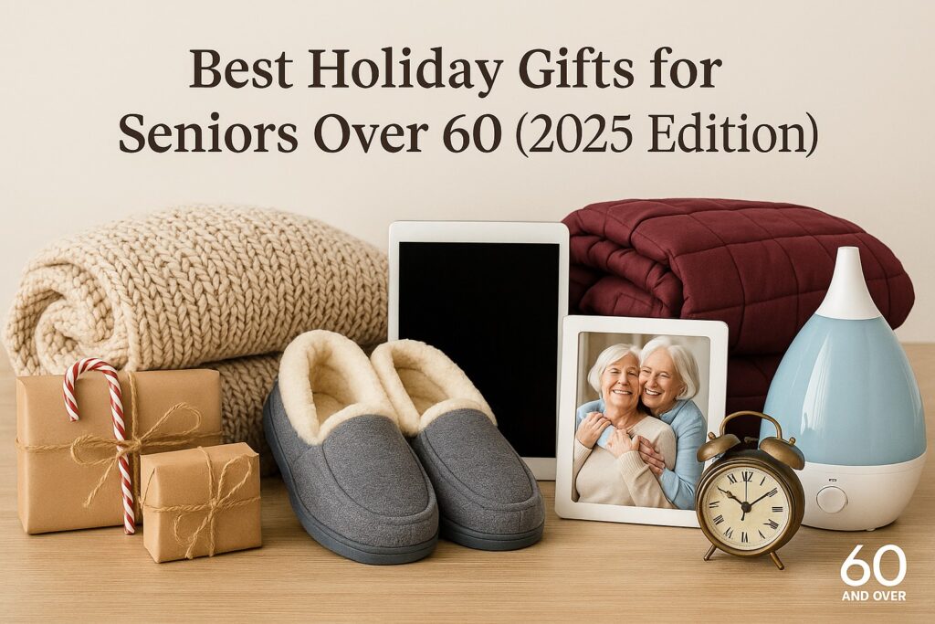 BEST HOLIDAY GIFTS FOR SENIORS OVER 60 (2025 EDITION) 2 Holiday gift items for seniors including slippers, blankets, a humidifier, and a digital photo frame arranged on a table.