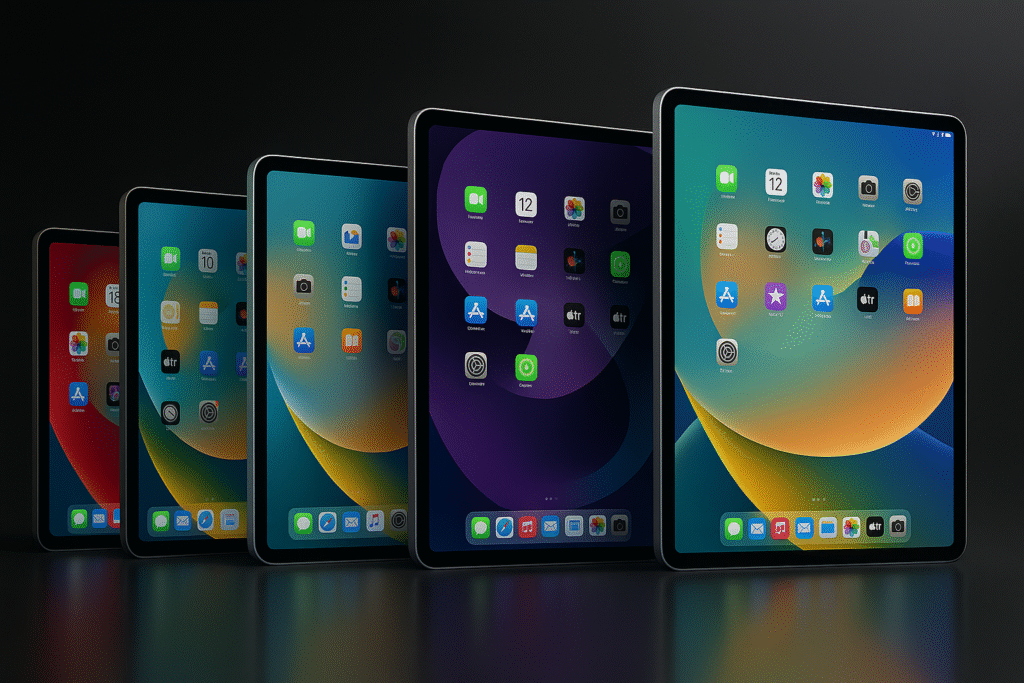 12 Best iPad for Seniors: Simple & Easy-to-Use Options 2 A lineup of modern iPads displaying colorful home screens, showcasing easy-to-use tablet options ideal for seniors.