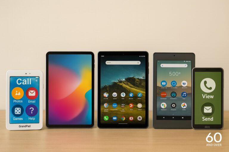 Tablets arranged on a desk representing the best tablet computers for seniors, with the 60 AND OVER logo in the corner.