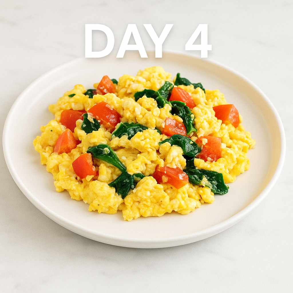Low-Sodium Meal Plan for Heart Health After 60 14 Day 4 of the low sodium meal plan for seniors, Scrambled Eggs with tomatoes and spinach