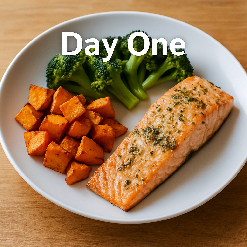 Low-Sodium Meal Plan for Heart Health After 60 11 Day 1: Dinner of the 7 day low sodium meal plan, Baked salmon with fresh herbs, roasted sweet potatoes, and steamed broccoli.
