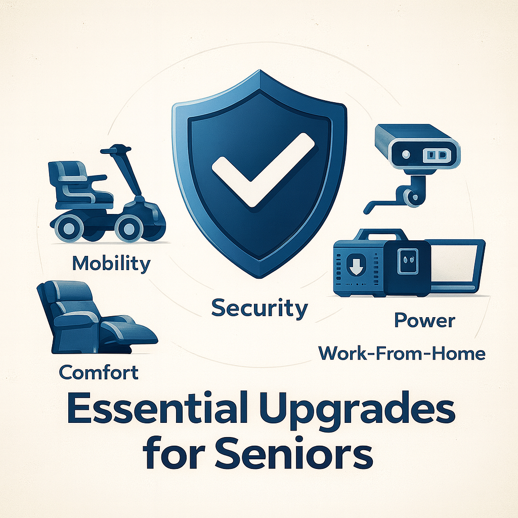 Illustration of a shield with checkmark surrounded by icons for mobility, comfort recliners, power stations, home security, and work-from-home tools, labeled “Essential Upgrades for Seniors."