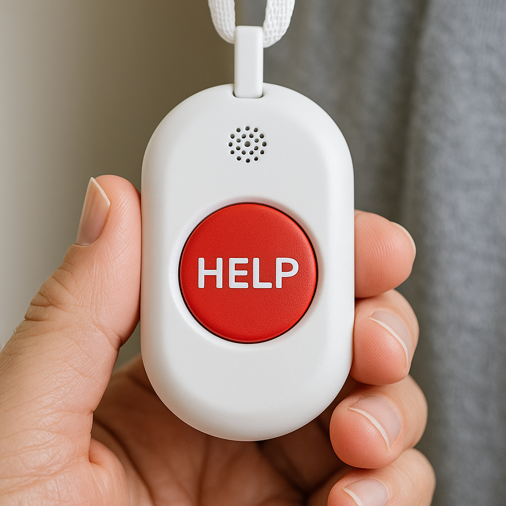 Bathroom Safety Tips for Seniors: Simple Upgrades That Prevent Falls and Improve Daily Confidence 58 Hand holding a white emergency alert button with a red HELP prompt, designed for senior safety and quick assistance.