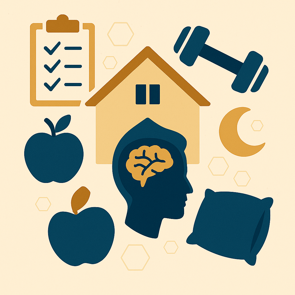 Flat-style illustration representing senior wellness, including sleep, nutrition, mental health, and home wellbeing for adults over 60.