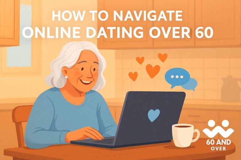 A smiling senior woman sits at her kitchen table with a cup of coffee, using her laptop for online dating, symbolizing confidence, safety, and connection after 60.