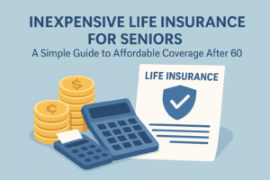 Kitchen Safety Tips for Seniors 5 Illustration of life insurance documents, calculators, and gold coins representing affordable life insurance options for seniors.