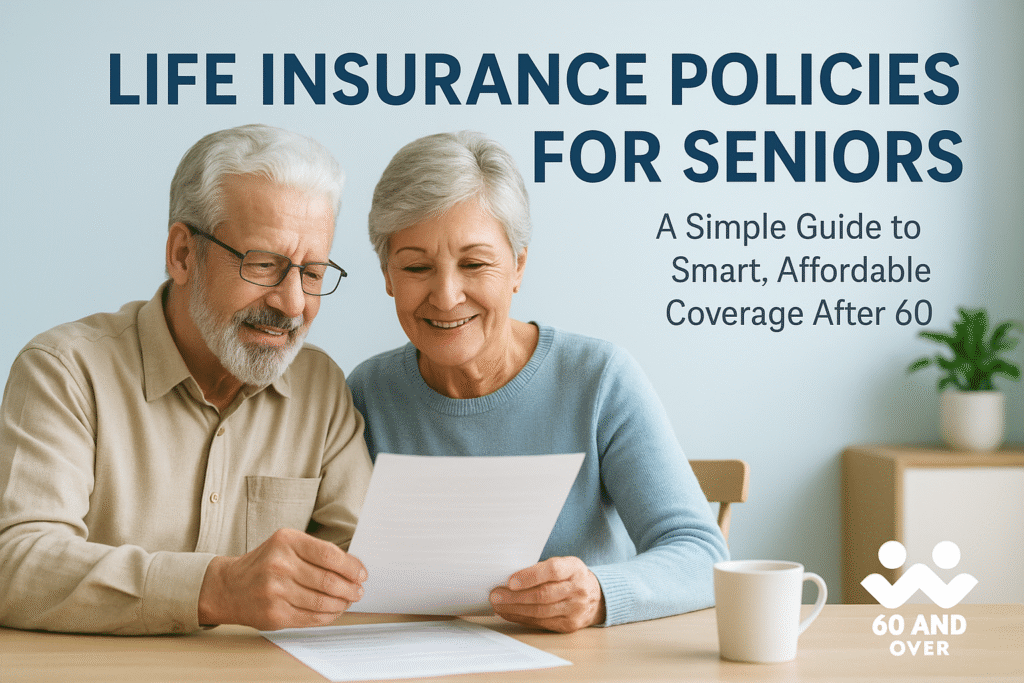 Senior couple reviewing life insurance papers together at home with 60 And Over logo in the bottom right.