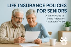 California Senior Communities 5 Senior couple reviewing life insurance papers together at home with 60 And Over logo in the bottom right.