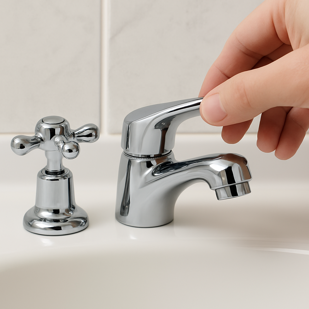 Bathroom Safety Tips for Seniors: Simple Upgrades That Prevent Falls and Improve Daily Confidence 42 Lever-style bathroom faucet being adjusted, shown next to an older knob-style faucet to highlight safer senior-friendly design.
