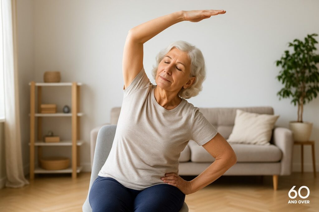 8 Senior-Friendly Exercises to Improve Sleep 2 Older woman doing a gentle chair yoga side stretch at home to support flexibility and better sleep.