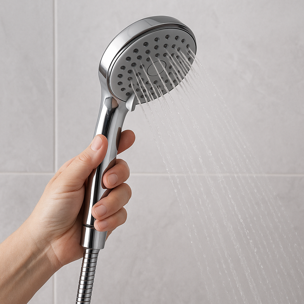 Bathroom Safety Tips for Seniors: Simple Upgrades That Prevent Falls and Improve Daily Confidence 47 Hand holding a handheld showerhead to improve control and safety for seniors while bathing.
