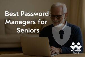 Senior using laptop securely with password vault icon overlay.