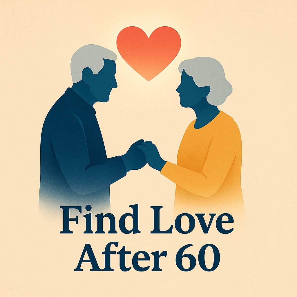 Illustration of a senior couple holding hands beneath a heart icon, symbolizing finding love after 60 and safe senior companionship.