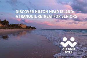 Cooking for Two: Healthy and Delicious Meals for Senior Couples 23 Serene beach at Hilton Head Island, South Carolina during sunset with palm trees, soft waves, and 60 AND OVER logo bottom right.